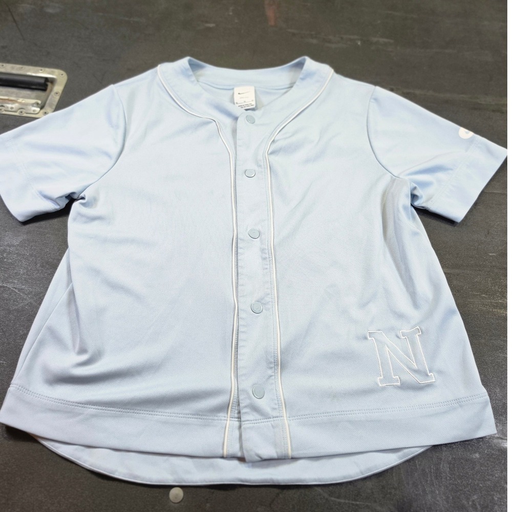 Nike Dri-FIT Baseball Jersey Light Blue Button Up Embroidered N Logo XL TG EG
